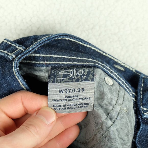 Size 27 Silver Suki Womens Blue Jeans Distressed Bootcut Stone Wash - Picture 12 of 14